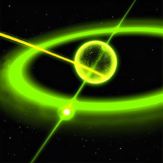 A shiny black planet with a green ring around it and yellow plasma plume streaking through the image against the black background of space.