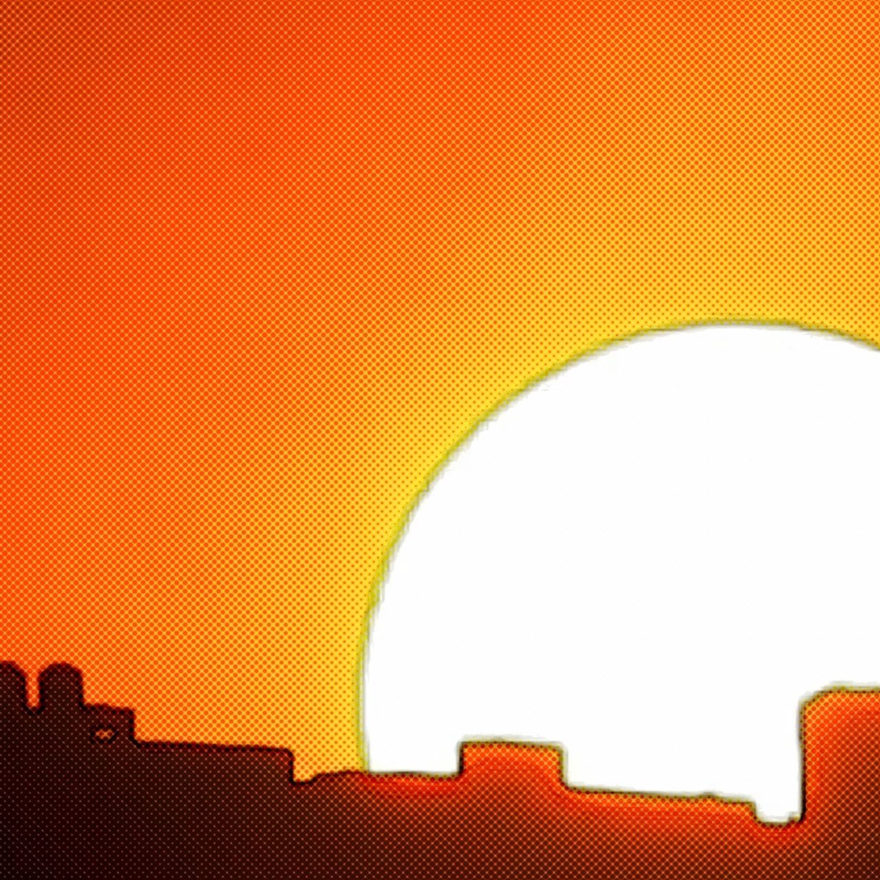 An orange hued sunset with the yellow sun going down over a cityscape.