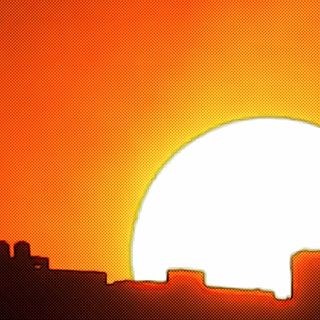 An orange hued sunset with the yellow sun going down over a cityscape.