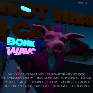 A pink bonwave pig in a suit with a chicken behind. The words bonk wave with a list of all artists on the compilation.