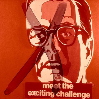 A shouting man with black horn rimmed glasses in an overall reddish hue, with the words "meet the exciting challenge", all with a black X in sharpie over it.